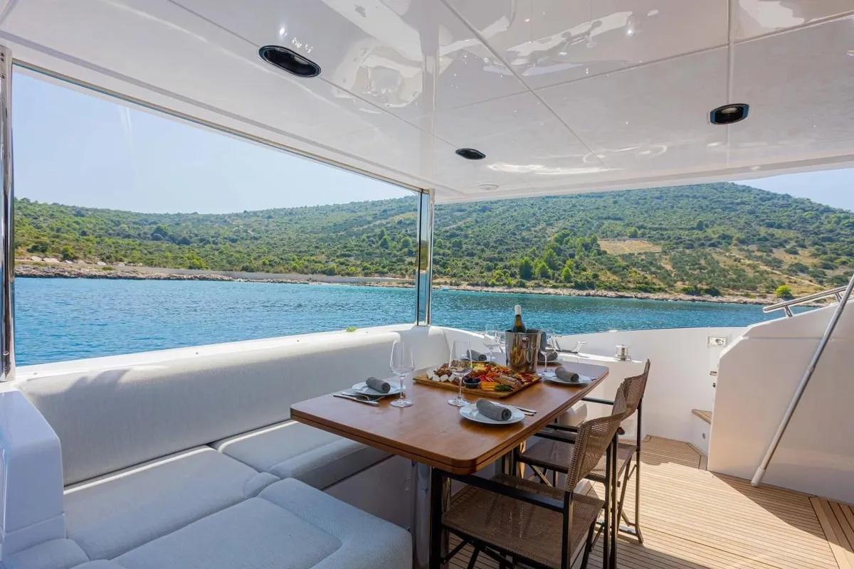Deck of Genesis, a Azimut 60 Fly motor yacht at Primošten, Croatia