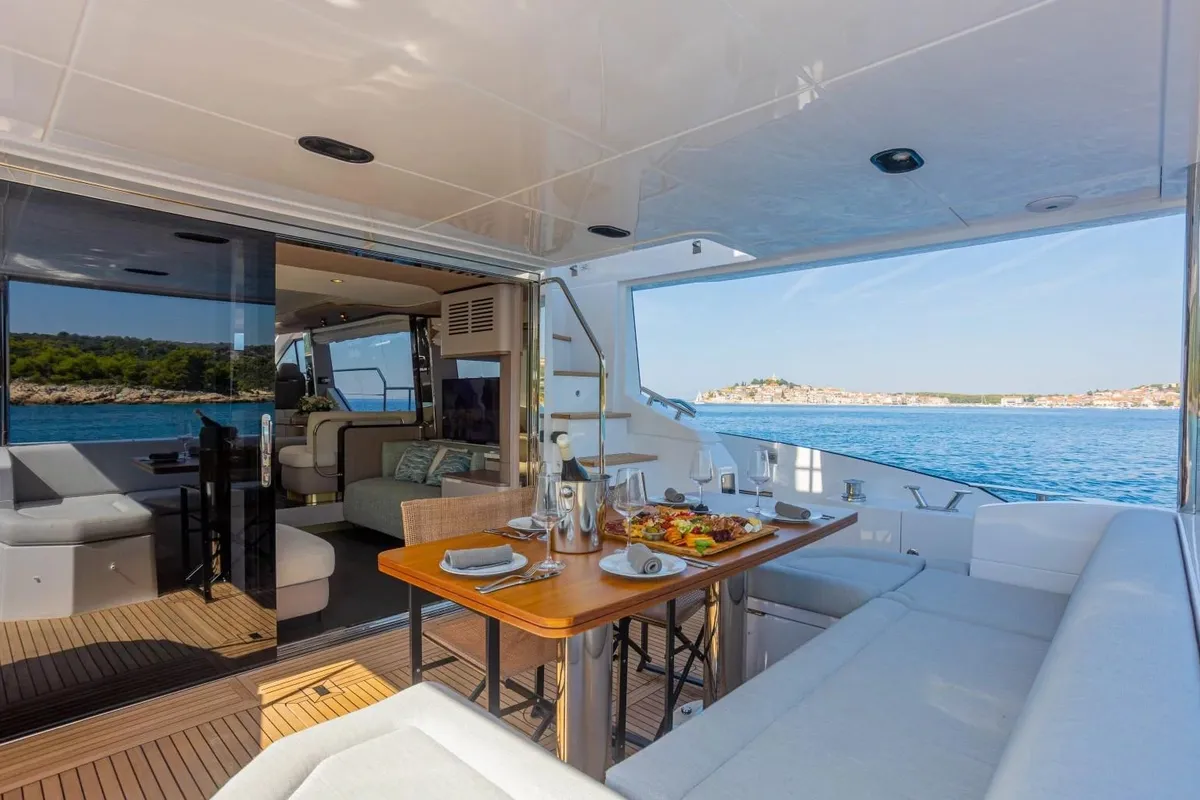 Deck of Genesis, a Azimut 60 Fly motor yacht at Primošten, Croatia