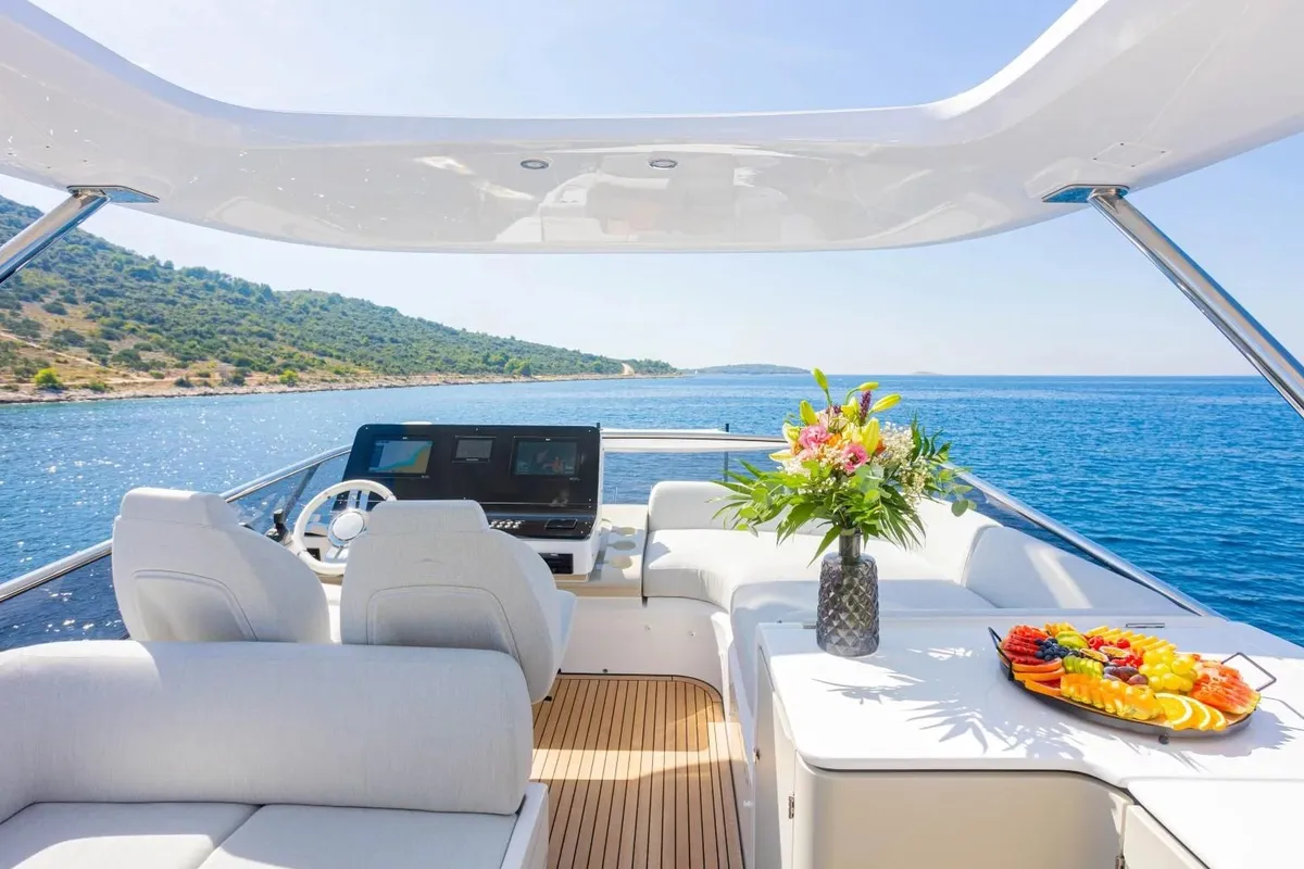 Cockpit of Genesis, a Azimut 60 Fly motor yacht at Primošten, Croatia