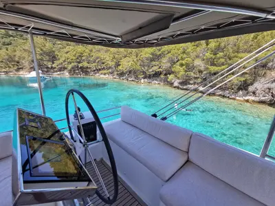 Cockpit of Adriatic Lion, a Lagoon 620 catamaran at Split, Croatia
