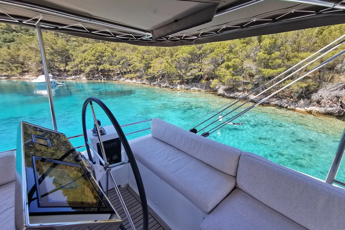 Cockpit of Adriatic Lion, a Lagoon 620 catamaran at Split, Croatia