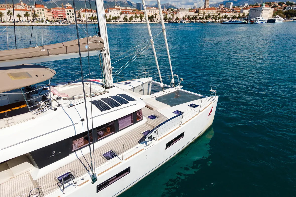 Exterior view of Adriatic Lion, a Lagoon 620 catamaran at Split, Croatia