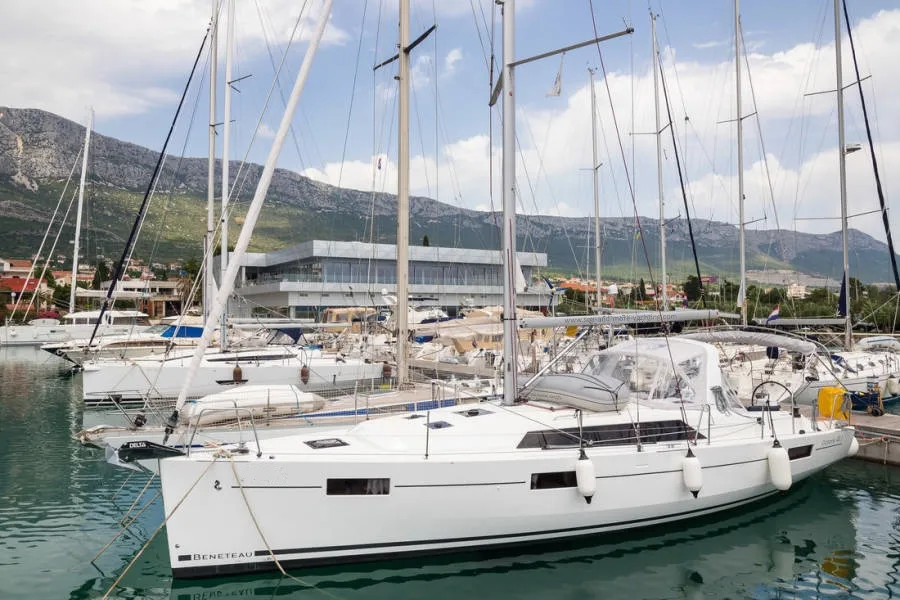 Exterior view of First, a Beneteau Oceanis 41.1 sailboat at Općina Rogoznica, Croatia