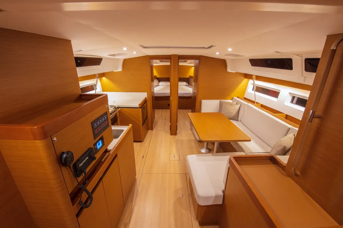 Salon of Oracle, a Jeanneau Sun Odyssey 490 sailboat at Kaş, Turkey