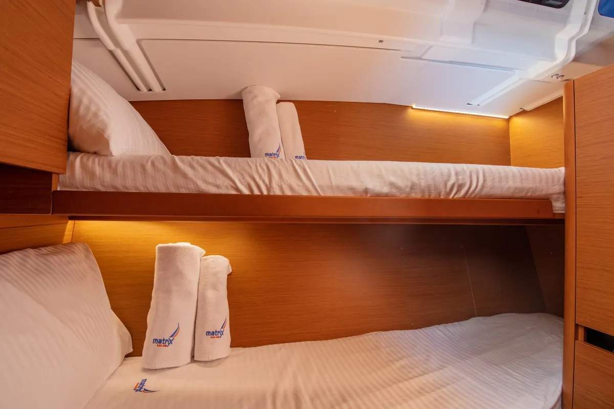 Cabin on Oracle, a Jeanneau Sun Odyssey 490 sailboat at Kaş, Turkey