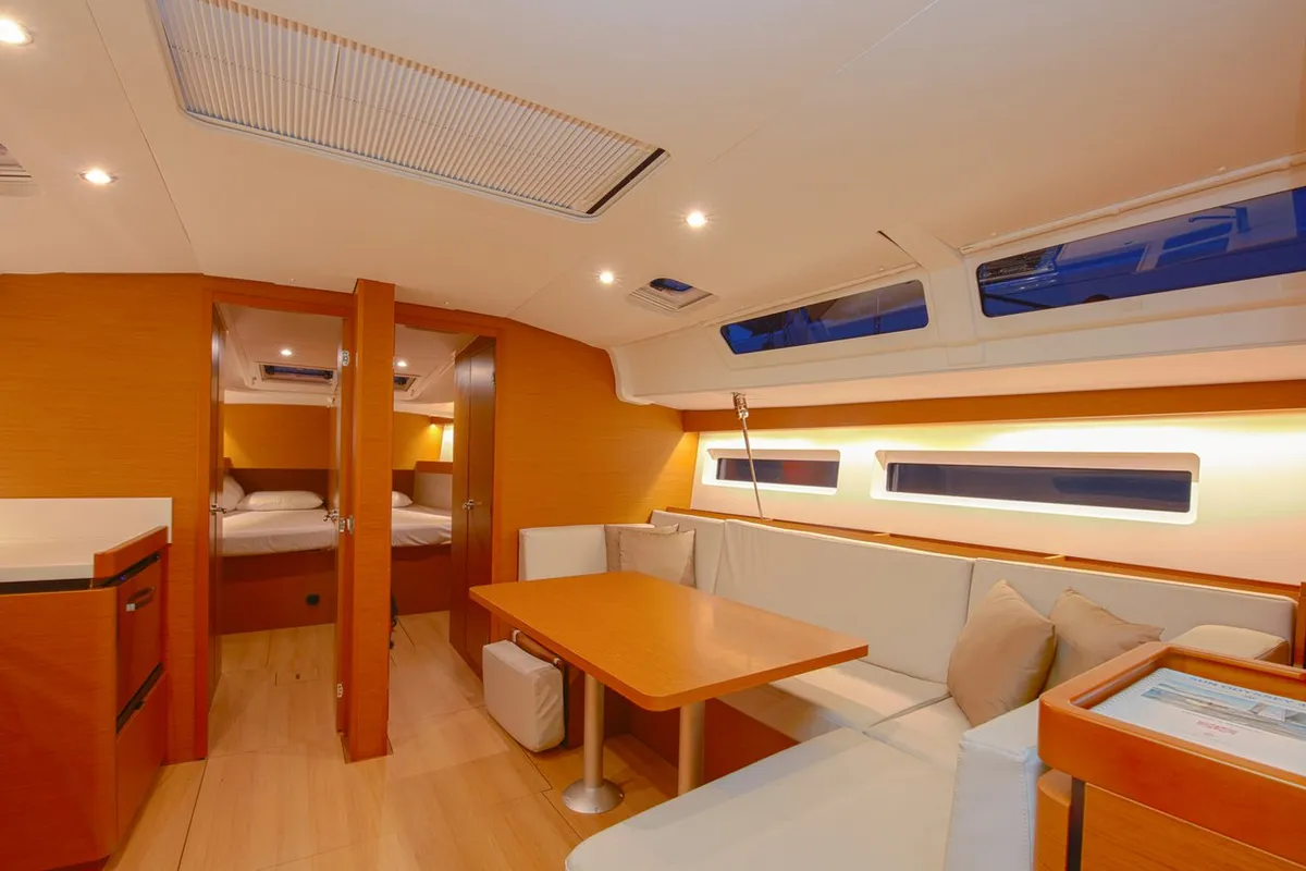 Salon of Oracle, a Jeanneau Sun Odyssey 490 sailboat at Kaş, Turkey