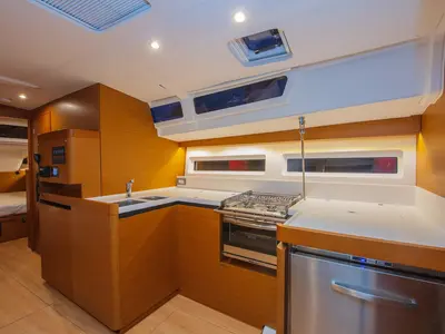 Galley of Oracle, a Jeanneau Sun Odyssey 490 sailboat at Kaş, Turkey