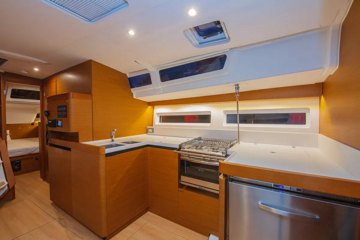 Galley of Oracle, a Jeanneau Sun Odyssey 490 sailboat at Kaş, Turkey