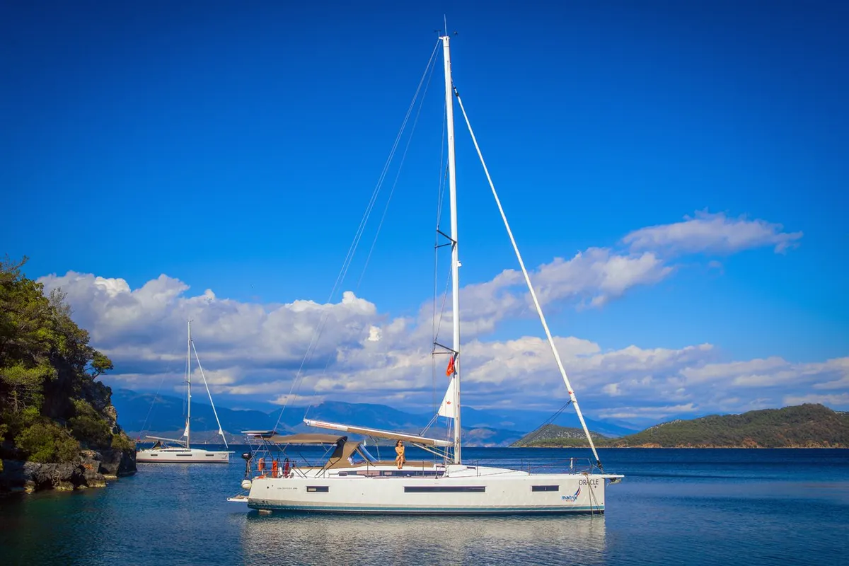 Exterior view of Oracle, a Jeanneau Sun Odyssey 490 sailboat at Kaş, Turkey
