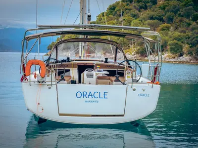 Cockpit of Oracle, a Jeanneau Sun Odyssey 490 sailboat at Kaş, Turkey