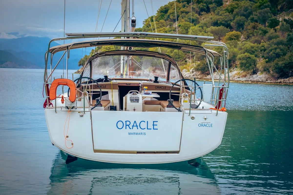 Cockpit of Oracle, a Jeanneau Sun Odyssey 490 sailboat at Kaş, Turkey