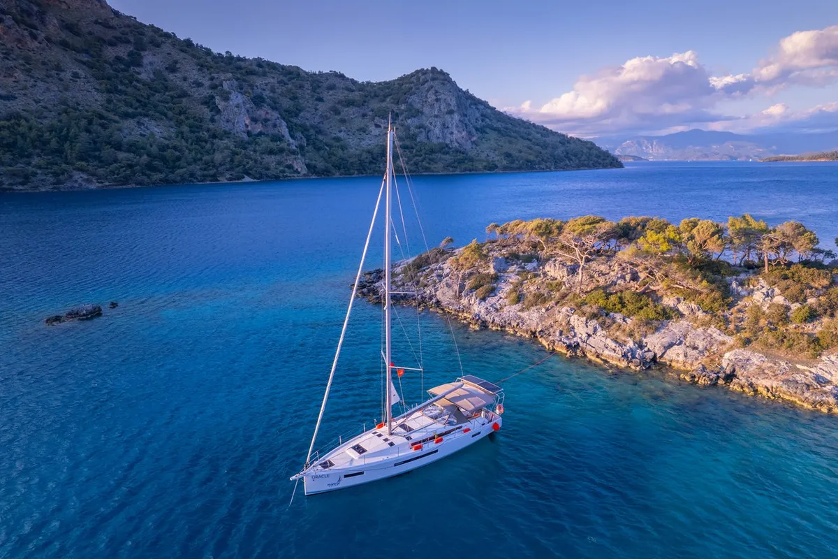 Exterior view of Oracle, a Jeanneau Sun Odyssey 490 sailboat at Kaş, Turkey