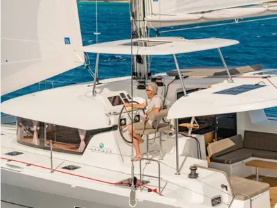 Cockpit of Queen Annezia, a Lagoon 42 catamaran at Municipal Unit of Lefkada, Greece