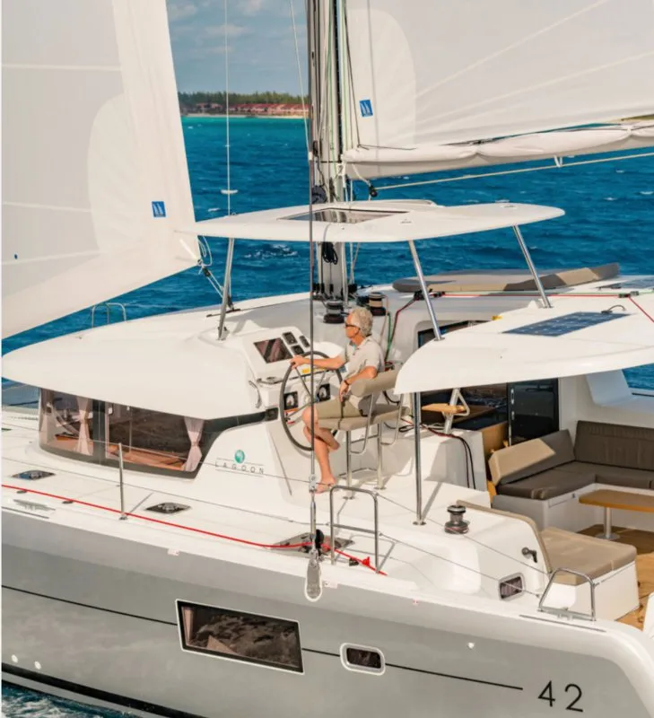 Cockpit of Queen Annezia, a Lagoon 42 catamaran at Municipal Unit of Lefkada, Greece