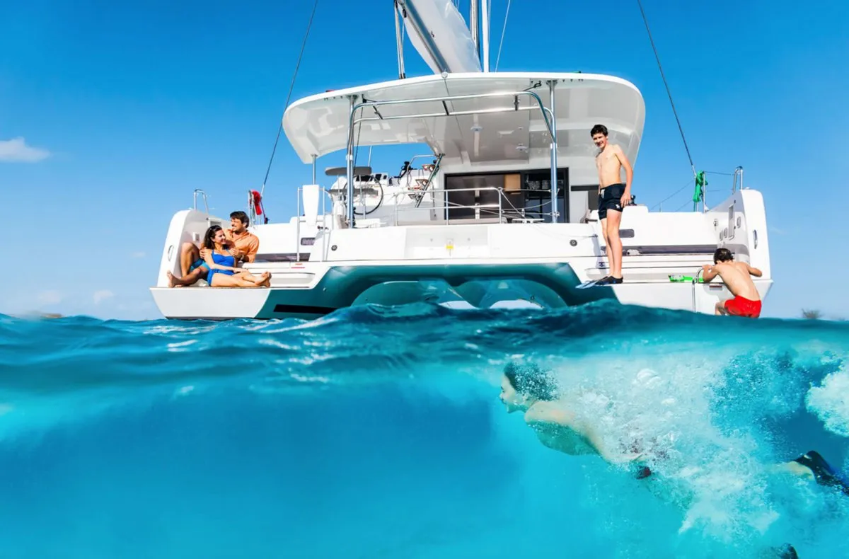 Deck of Queen Annezia, a Lagoon 42 catamaran at Municipal Unit of Lefkada, Greece