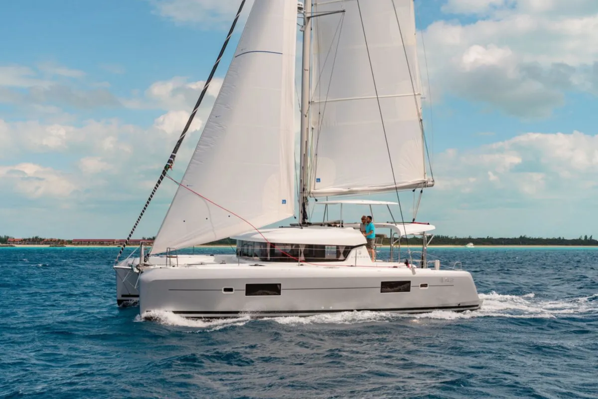 Exterior view of Queen Annezia, a Lagoon 42 catamaran at Municipal Unit of Lefkada, Greece
