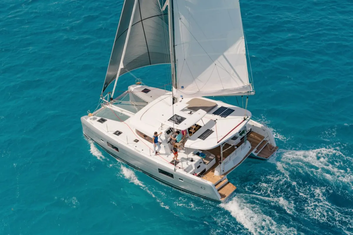 Exterior view of Queen Annezia, a Lagoon 42 catamaran at Municipal Unit of Lefkada, Greece