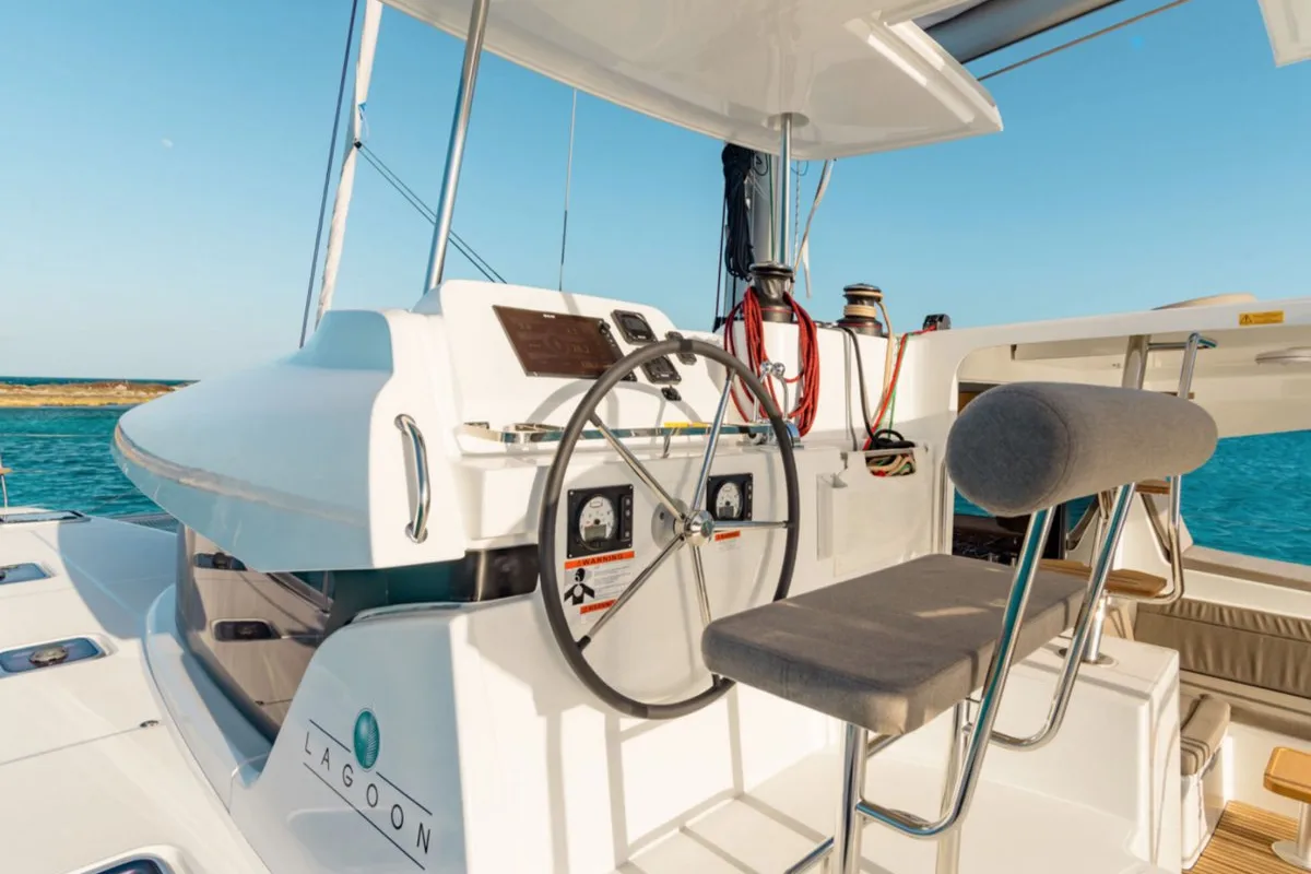 Cockpit of Queen Annezia, a Lagoon 42 catamaran at Municipal Unit of Lefkada, Greece