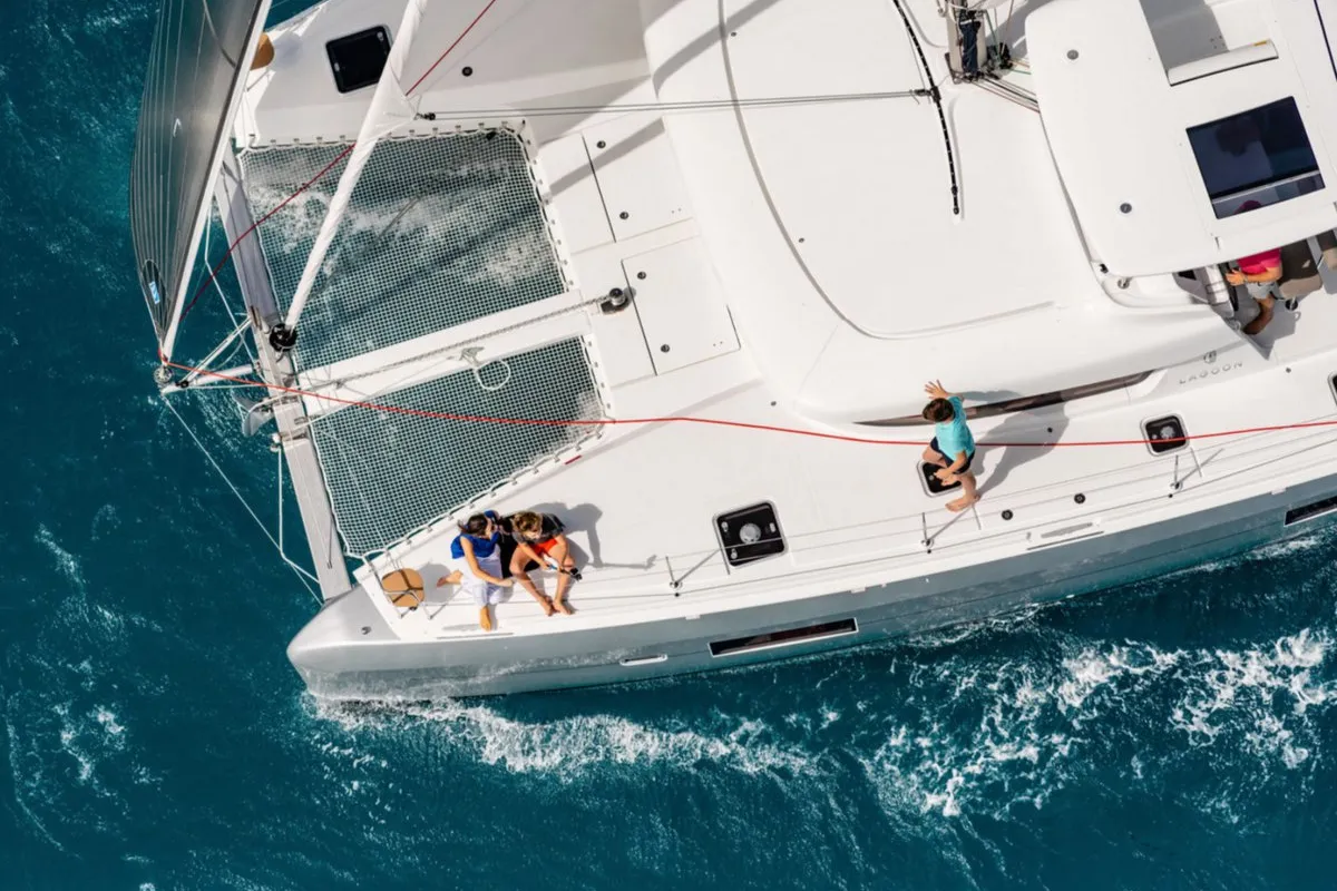 Deck of Queen Annezia, a Lagoon 42 catamaran at Municipal Unit of Lefkada, Greece