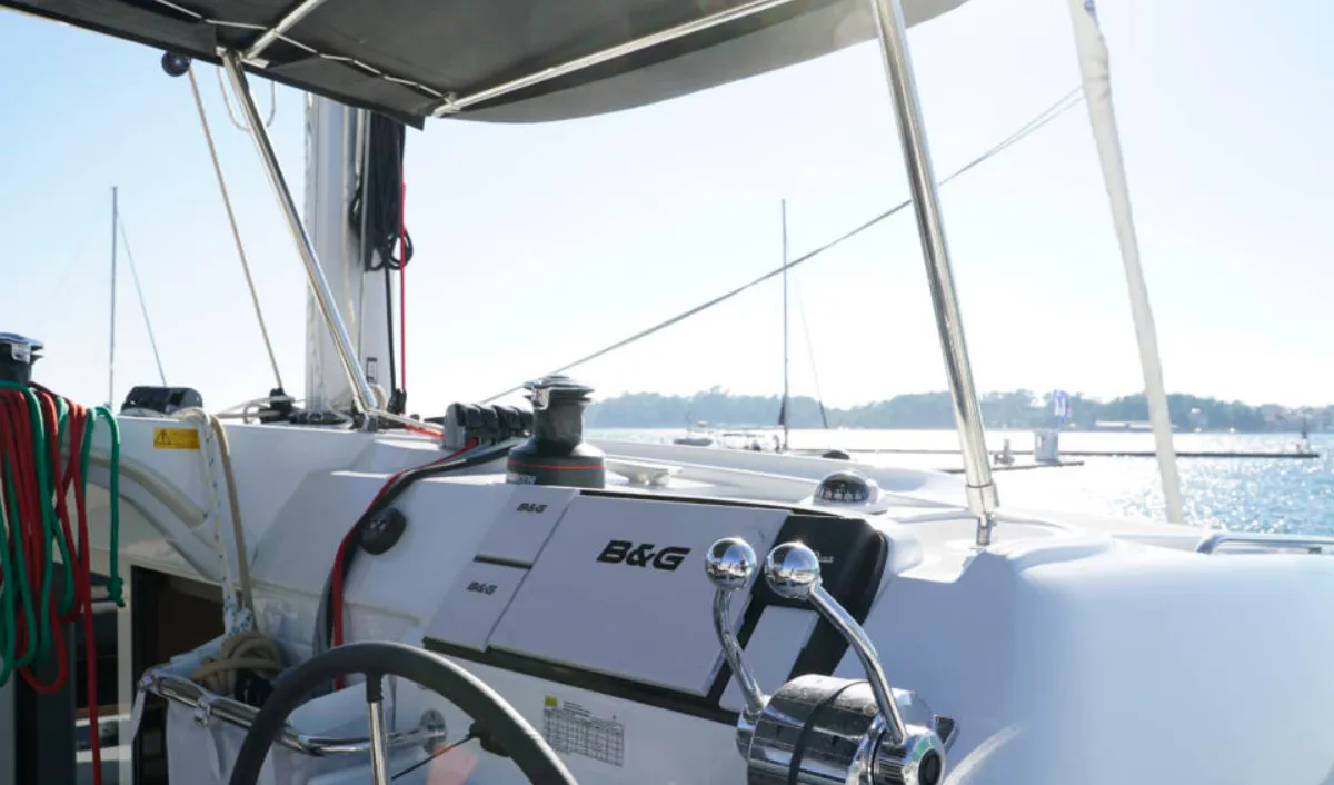 Cockpit of Aello, a Lagoon 40 catamaran at Municipal Unit of Lefkada, Greece