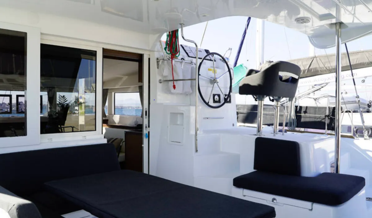 Cockpit of Aello, a Lagoon 40 catamaran at Municipal Unit of Lefkada, Greece