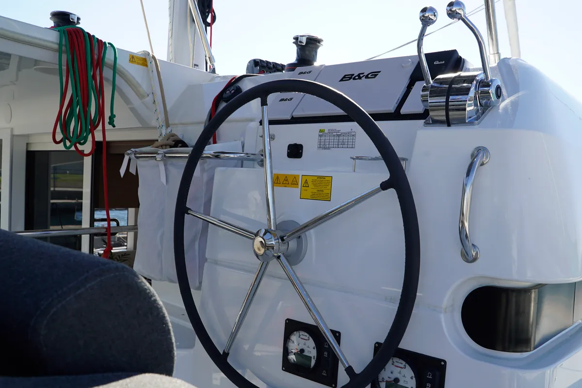 Cockpit of Aello, a Lagoon 40 catamaran at Municipal Unit of Lefkada, Greece