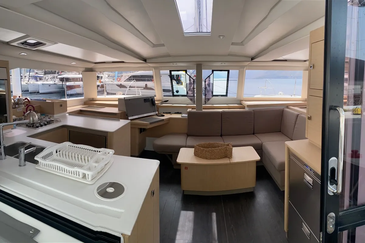 Salon of Capella 1, a Fountaine Pajot Astrea 42 catamaran at Fethiye, Turkey