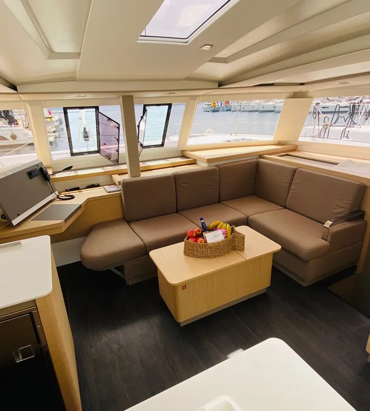 Salon of Capella 1, a Fountaine Pajot Astrea 42 catamaran at Fethiye, Turkey