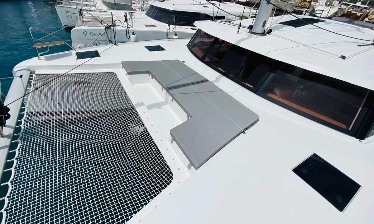 Deck of Capella 1, a Fountaine Pajot Astrea 42 catamaran at Fethiye, Turkey