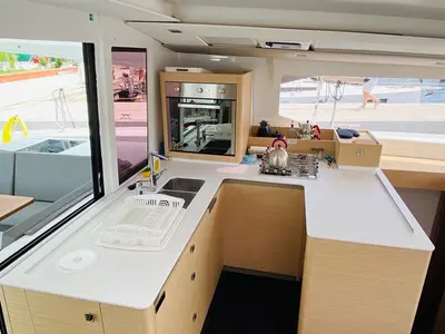 Galley of Capella 1, a Fountaine Pajot Astrea 42 catamaran at Fethiye, Turkey