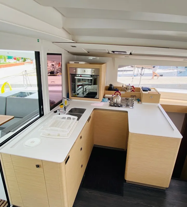Galley of Capella 1, a Fountaine Pajot Astrea 42 catamaran at Fethiye, Turkey