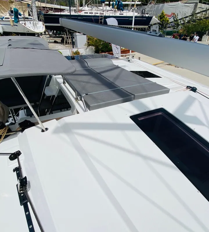 Deck of Capella 1, a Fountaine Pajot Astrea 42 catamaran at Fethiye, Turkey