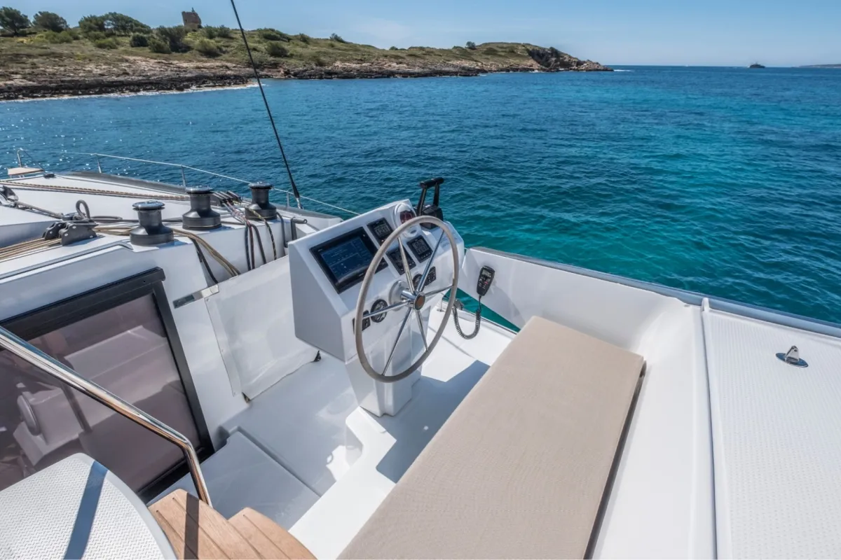 Cockpit of Capella 1, a Fountaine Pajot Astrea 42 catamaran at Fethiye, Turkey