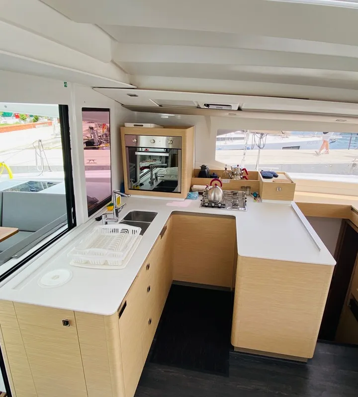 Galley of Capella 1, a Fountaine Pajot Astrea 42 catamaran at Fethiye, Turkey