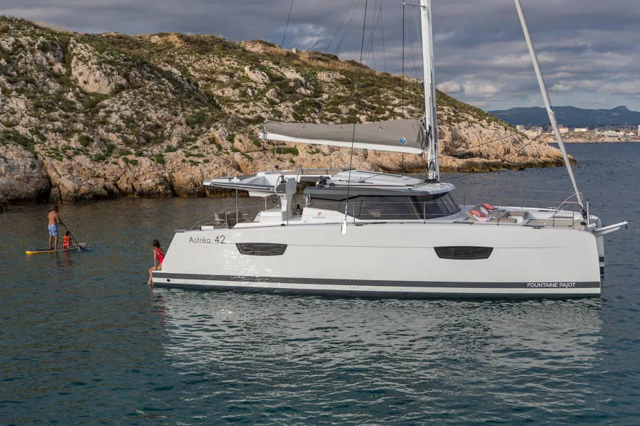 Exterior view of Capella 1, a Fountaine Pajot Astrea 42 catamaran at Fethiye, Turkey