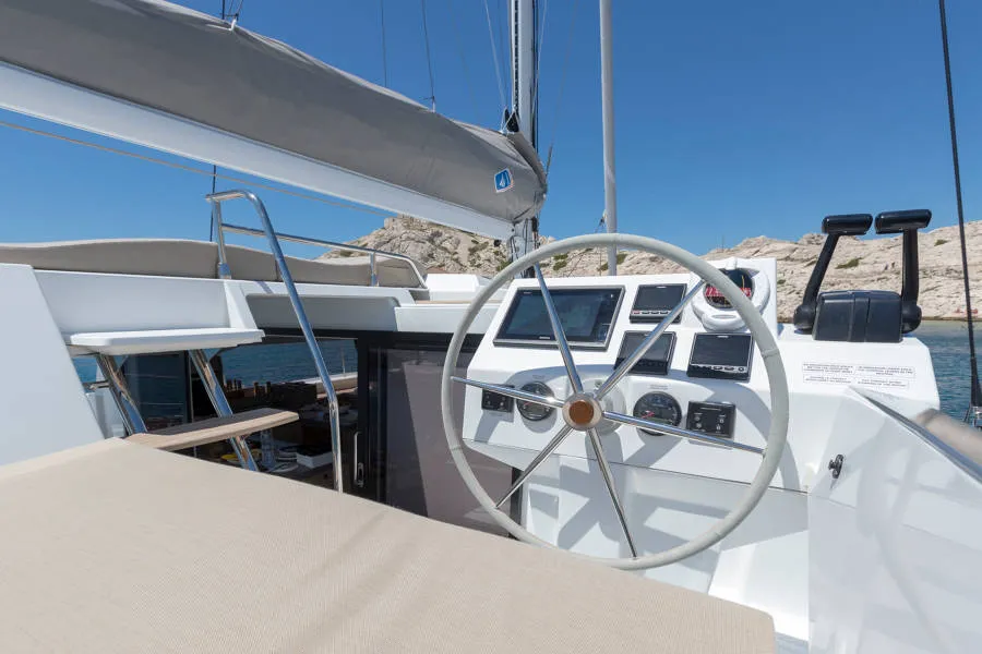 Cockpit of Capella 1, a Fountaine Pajot Astrea 42 catamaran at Fethiye, Turkey