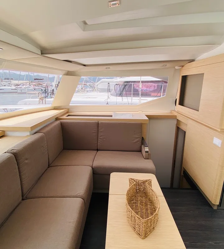 Salon of Capella 1, a Fountaine Pajot Astrea 42 catamaran at Fethiye, Turkey