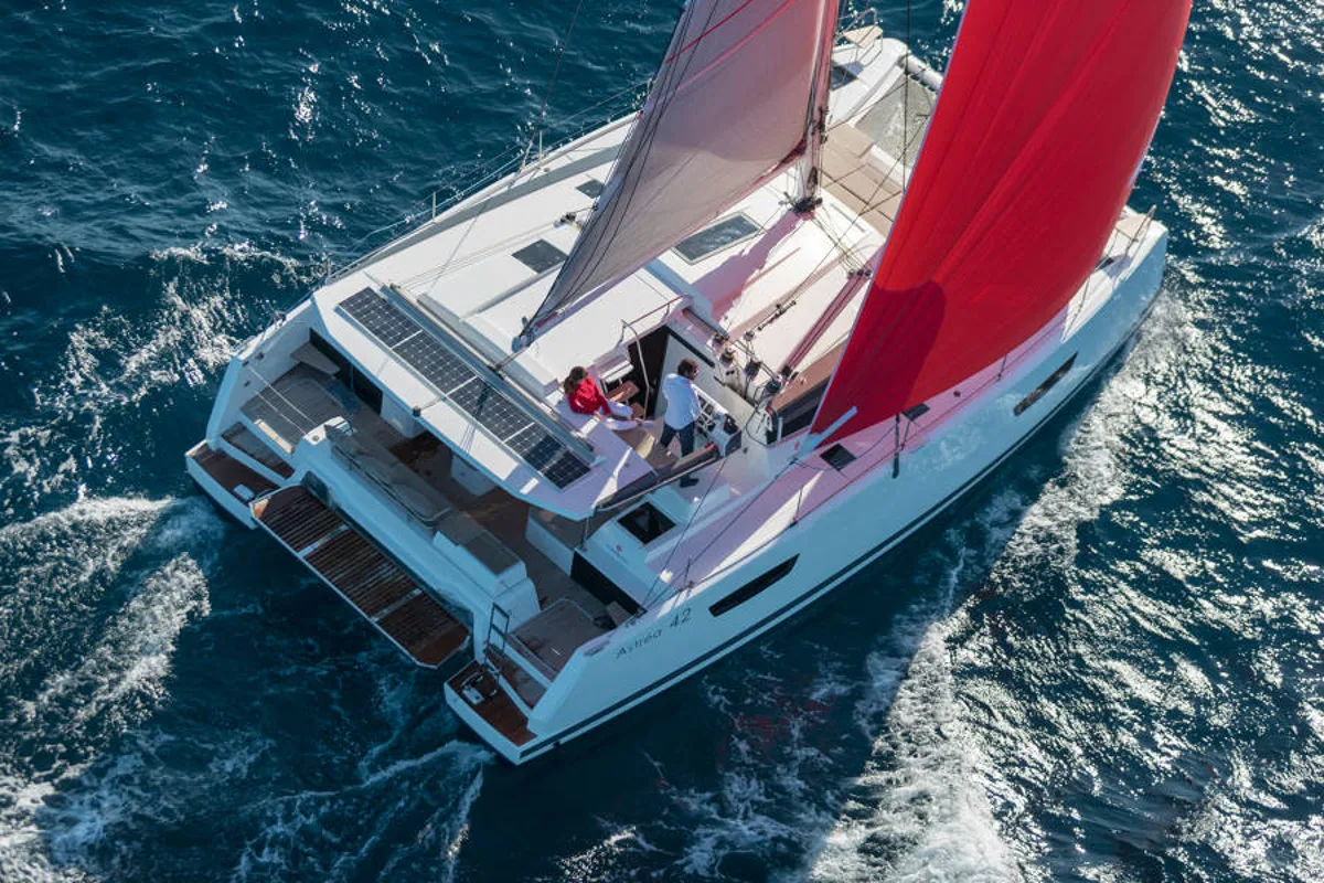 Exterior view of Capella 1, a Fountaine Pajot Astrea 42 catamaran at Fethiye, Turkey