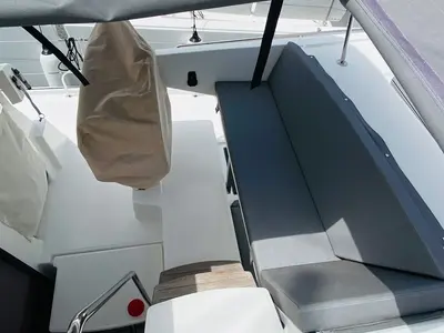 Deck of Capella 1, a Fountaine Pajot Astrea 42 catamaran at Fethiye, Turkey