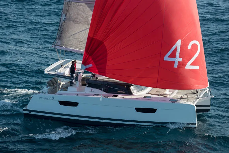 Exterior view of Capella 1, a Fountaine Pajot Astrea 42 catamaran at Fethiye, Turkey