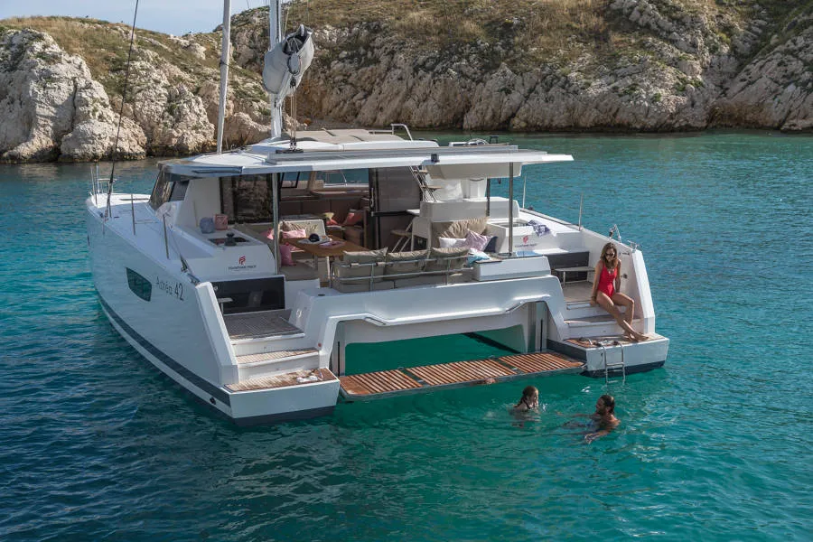 Exterior view of Capella 1, a Fountaine Pajot Astrea 42 catamaran at Fethiye, Turkey