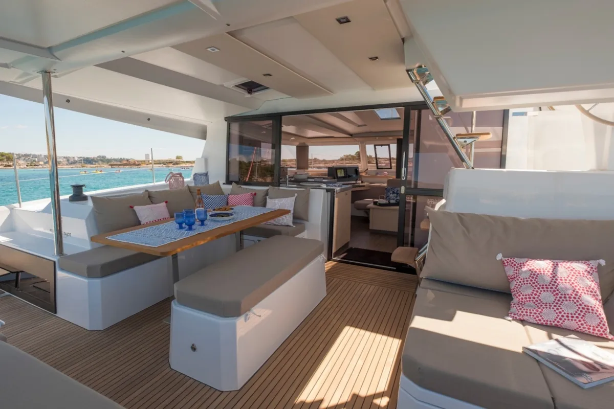 Deck of Capella 1, a Fountaine Pajot Astrea 42 catamaran at Fethiye, Turkey