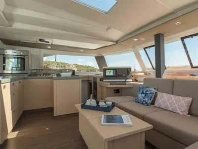 Salon of Capella 1, a Fountaine Pajot Astrea 42 catamaran at Fethiye, Turkey