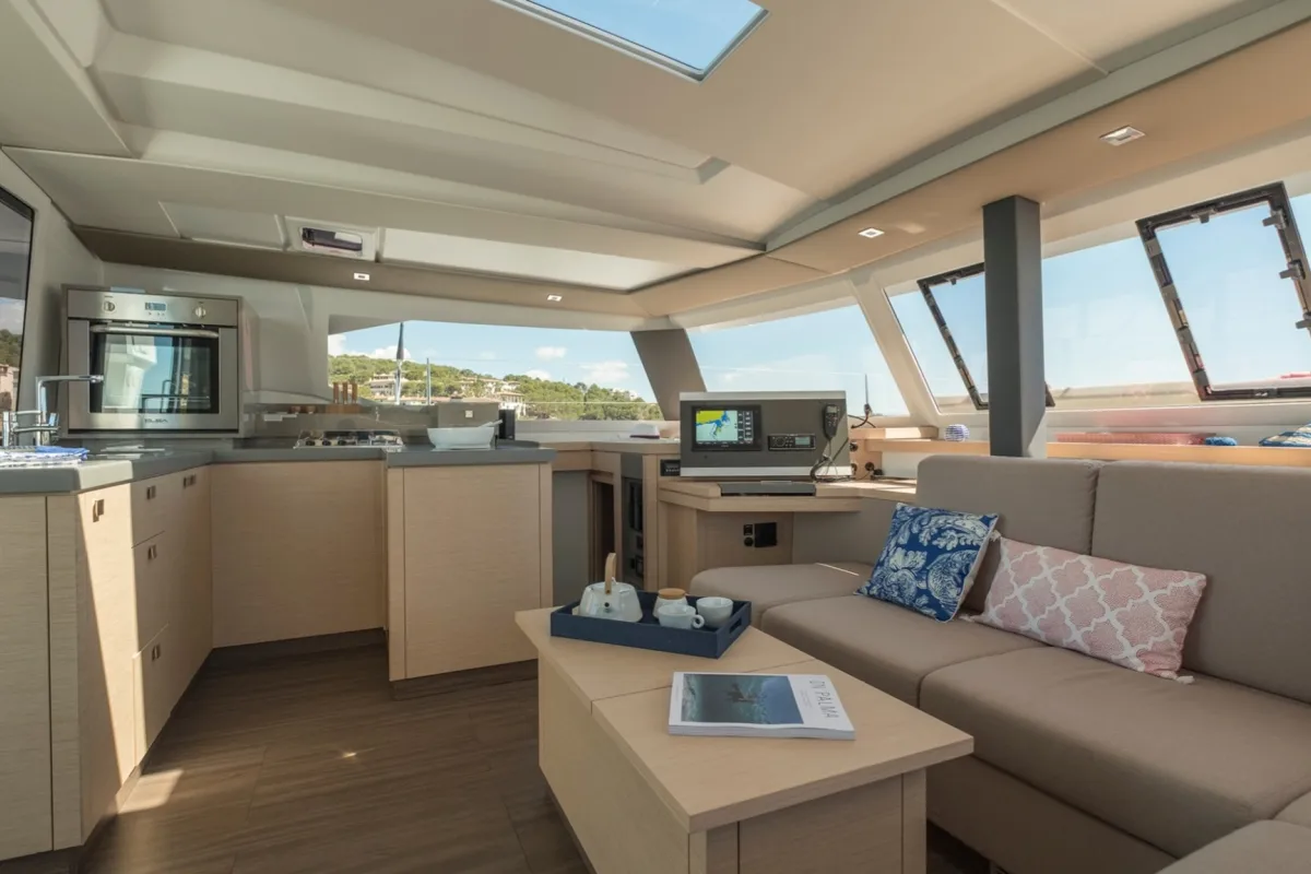 Salon of Capella 1, a Fountaine Pajot Astrea 42 catamaran at Fethiye, Turkey