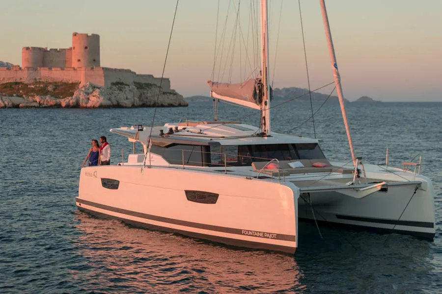 Exterior view of Capella 1, a Fountaine Pajot Astrea 42 catamaran at Fethiye, Turkey