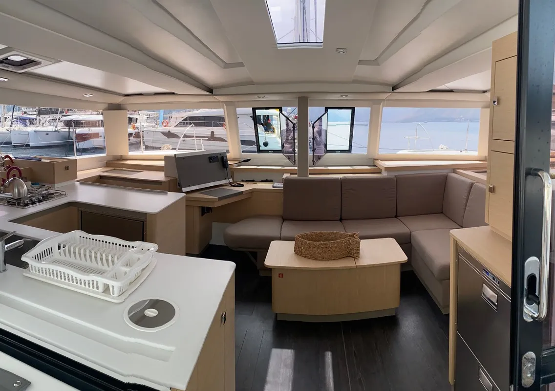 Salon of Capella 1, a Fountaine Pajot Astrea 42 catamaran at Fethiye, Turkey