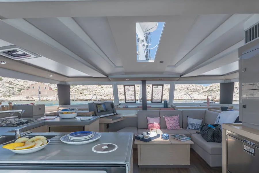 Salon of Capella 1, a Fountaine Pajot Astrea 42 catamaran at Fethiye, Turkey