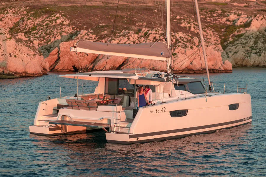 Exterior view of Capella 1, a Fountaine Pajot Astrea 42 catamaran at Fethiye, Turkey