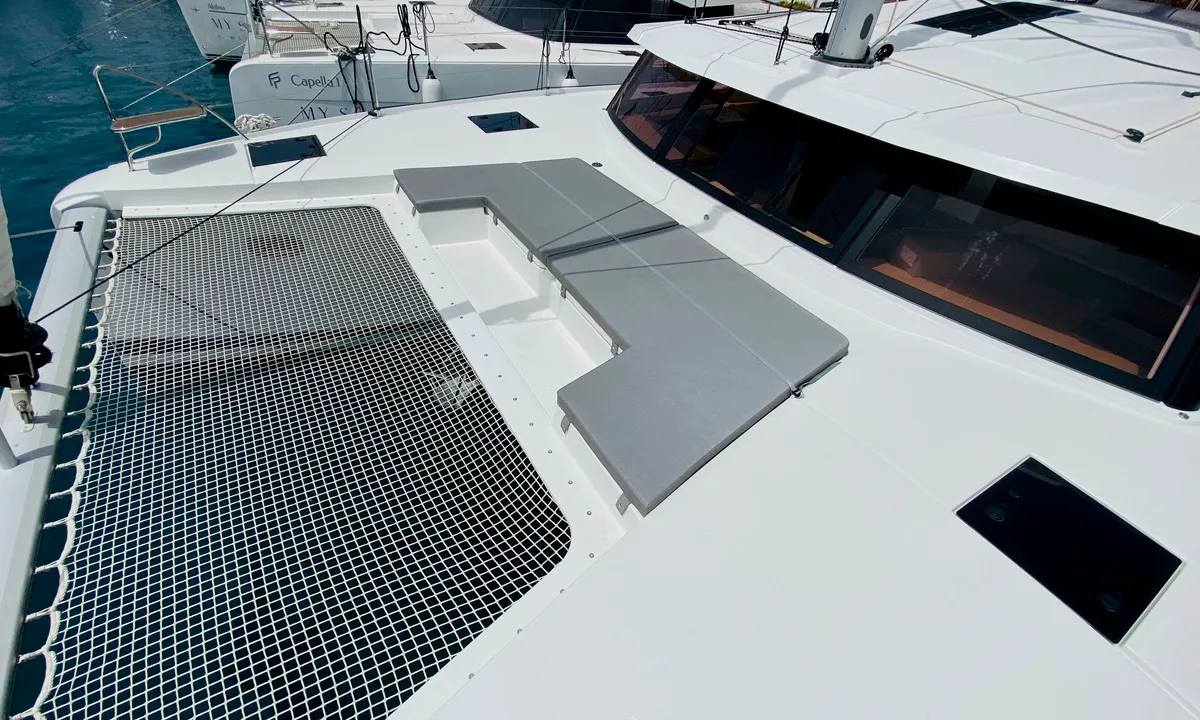 Deck of Capella 1, a Fountaine Pajot Astrea 42 catamaran at Fethiye, Turkey
