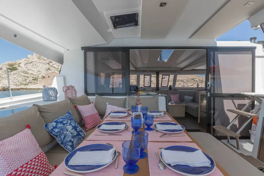 Deck of Capella 1, a Fountaine Pajot Astrea 42 catamaran at Fethiye, Turkey